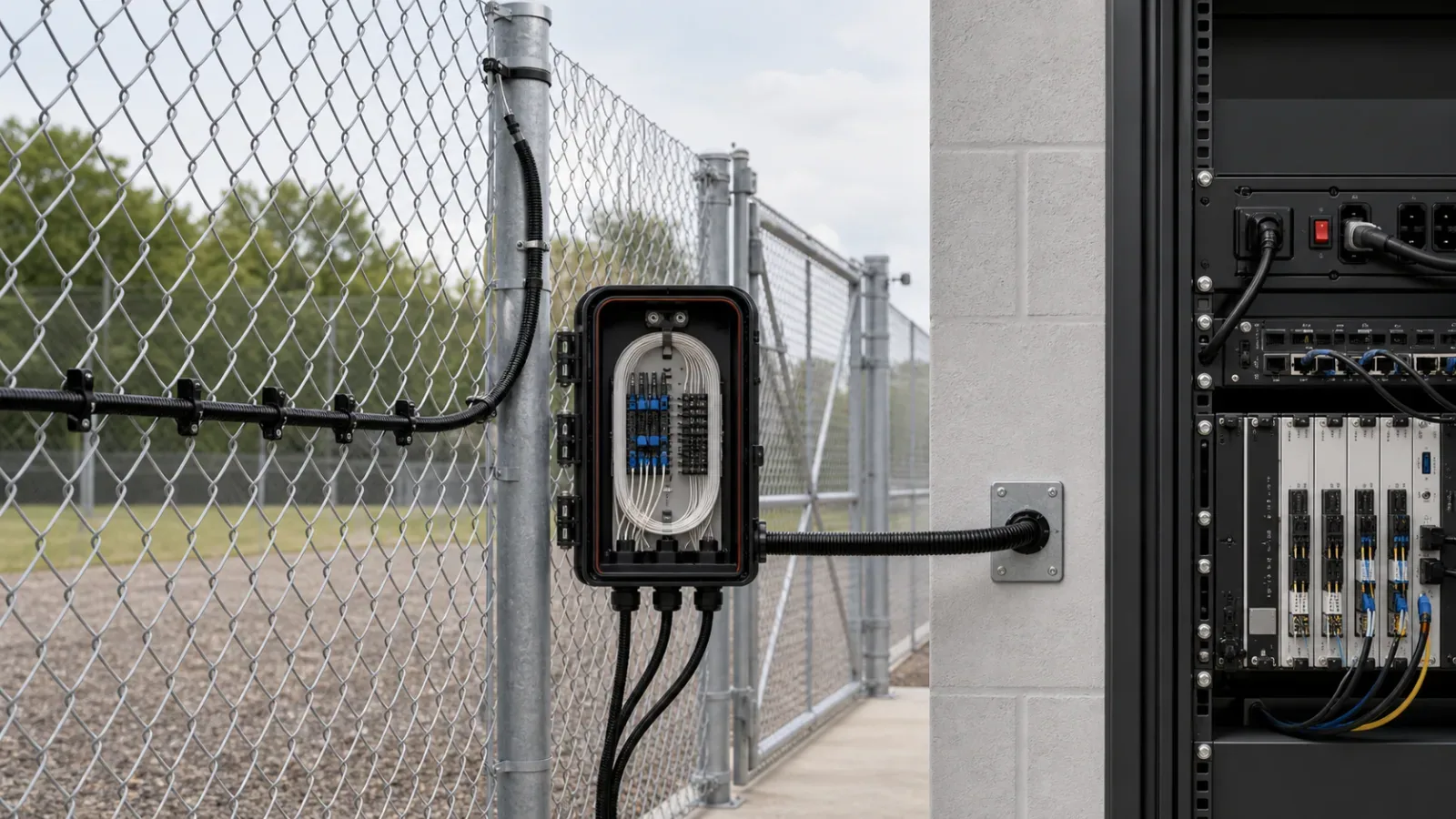 Fence-mounted sensing cable connected through a splice enclosure and lead cable to a fiber PIDS controller