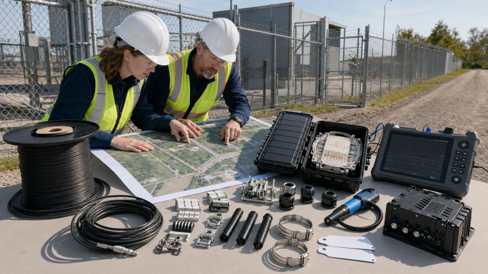 Engineers verifying a fiber PIDS retrofit bill of materials against the surveyed perimeter route