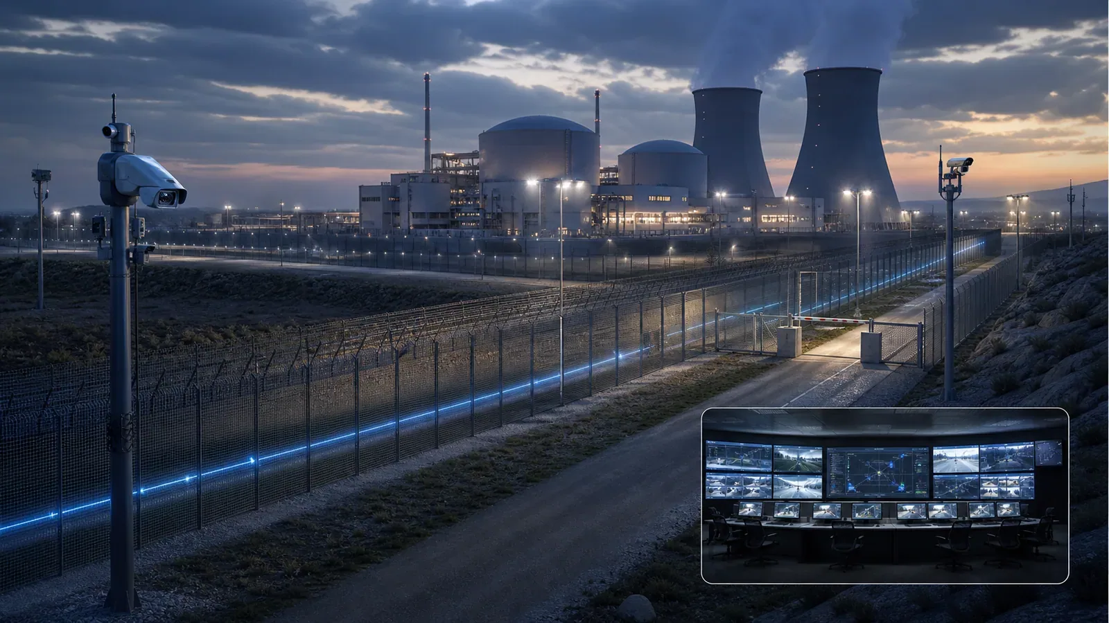 Layered nuclear facility perimeter with fiber sensing, cameras, isolation zone, and alarm station