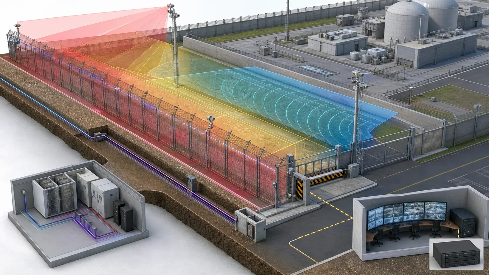 Layered protected-area PIDS architecture with fence sensors, buried fiber, cameras, vehicle barrier, and redundant cabinets