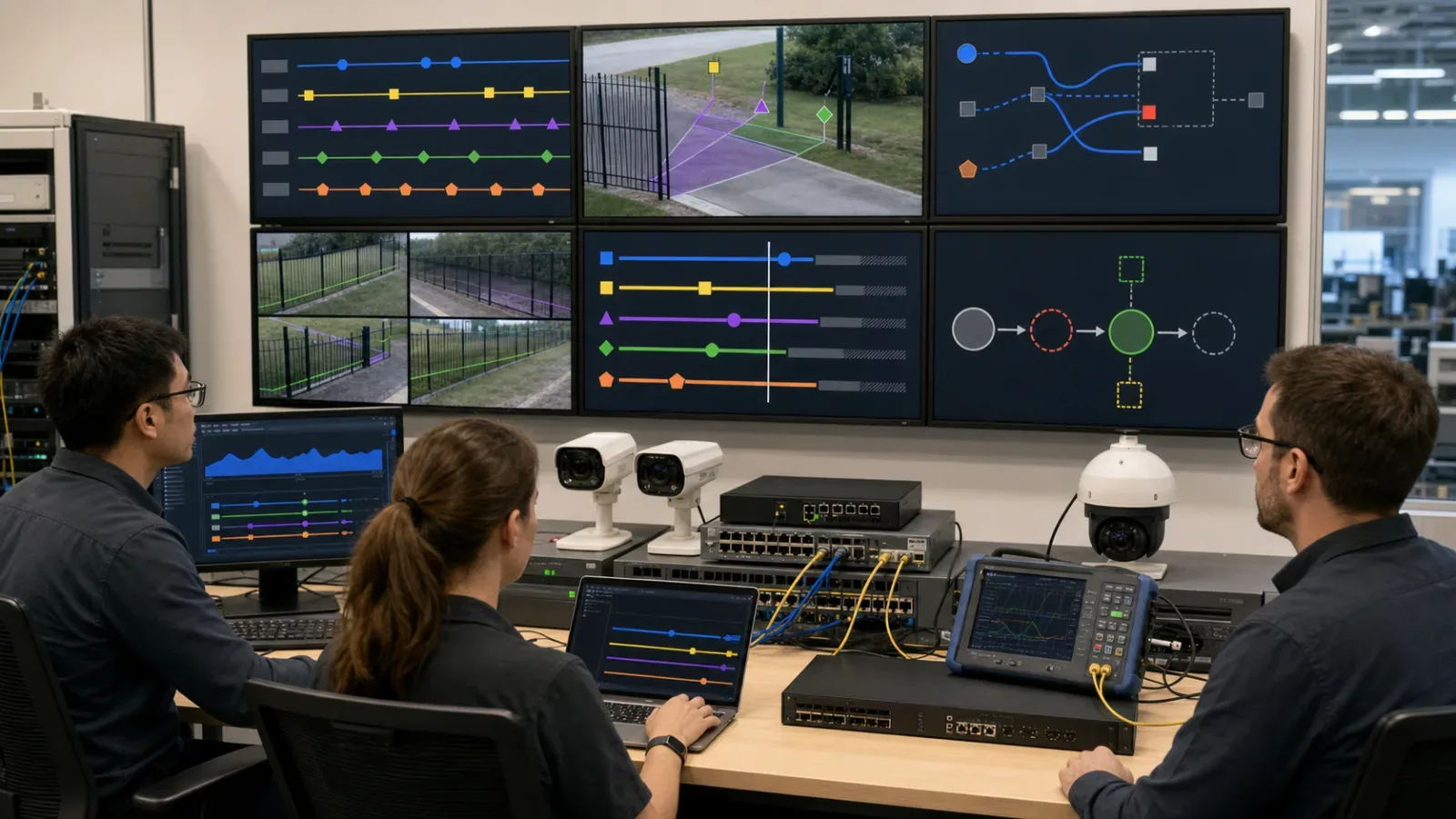 Engineers validating ONVIF Profile M events in a VMS lab
