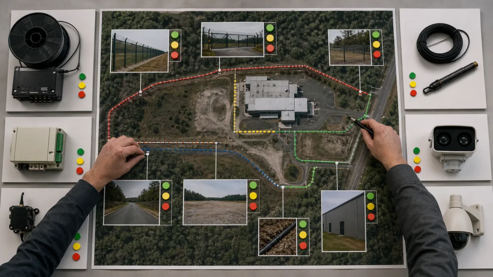 Perimeter site map used to match continuous DAS, zone sensors, buried detection, radar, and cameras to site conditions