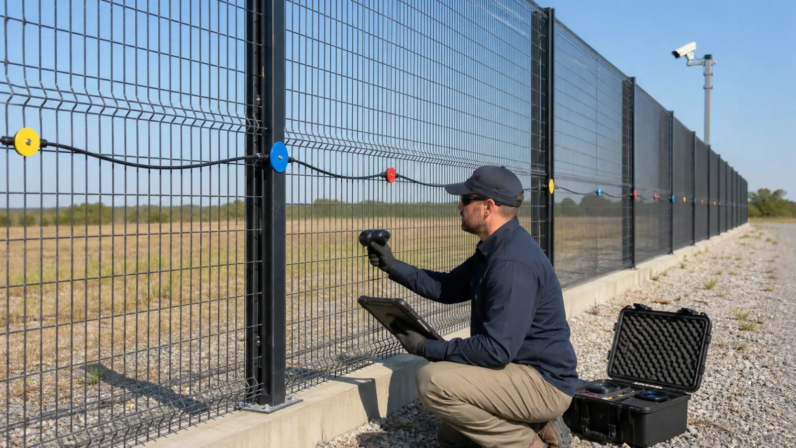Technician commissioning fiber PIDS on welded-mesh fence panels