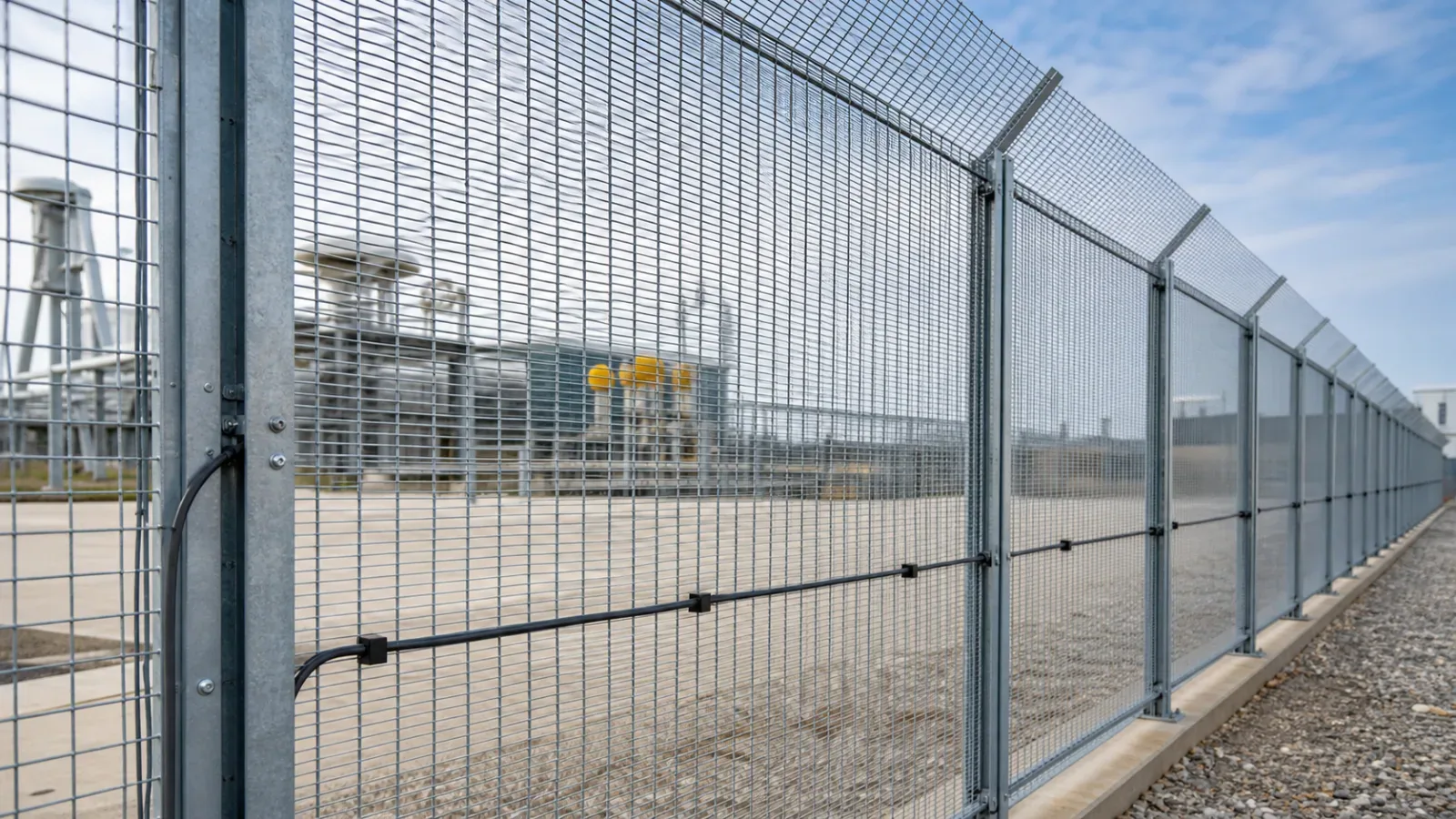 Fiber-optic PIDS cable installed on a welded-mesh security fence